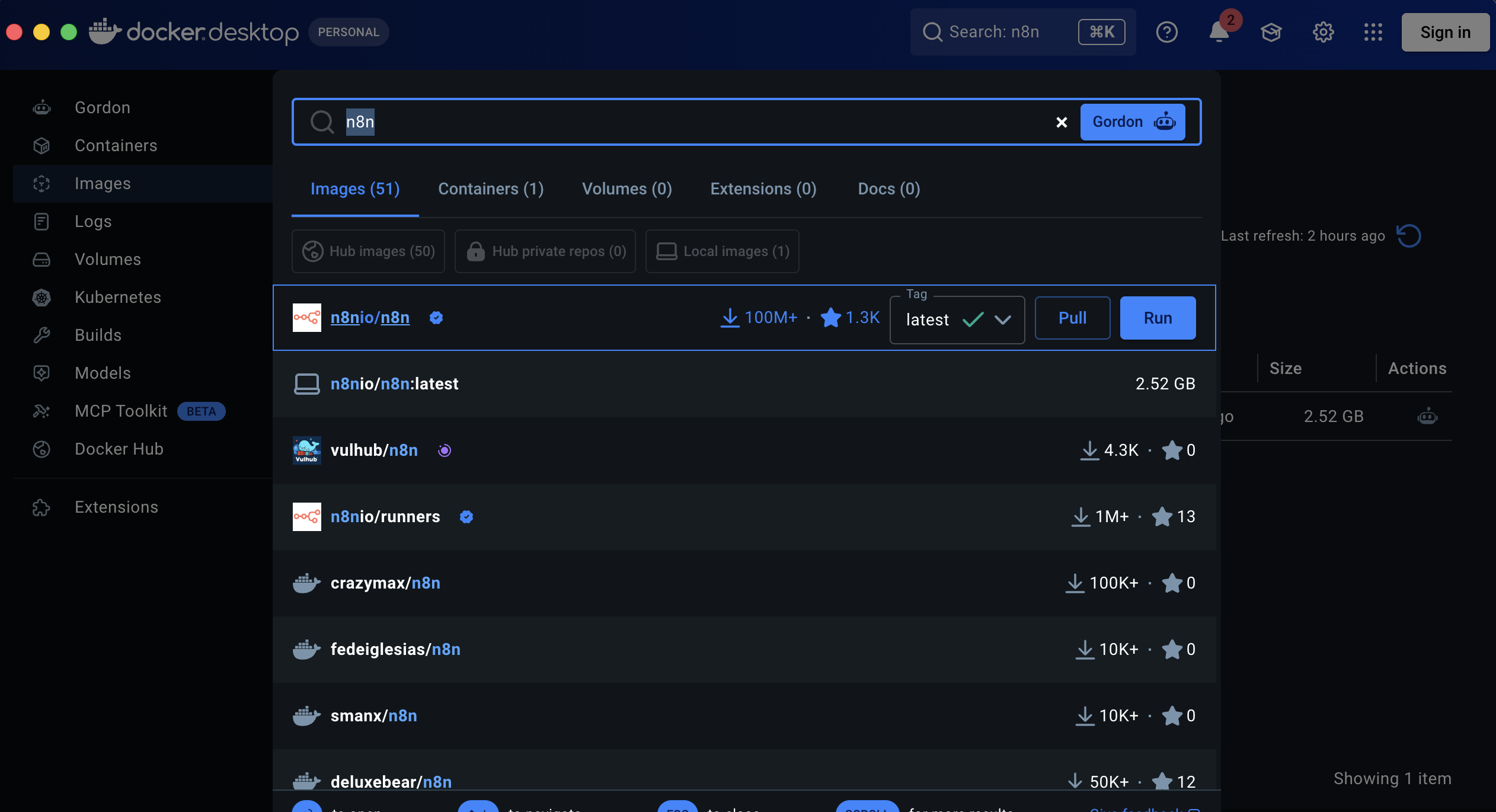 Docker Desktopでn8nイメージを取得する画面
